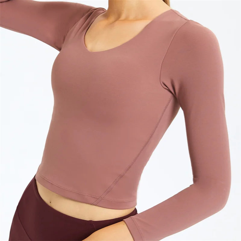 Canmol Long Sleeve Crop Top with Built-In Bra for Women - Soft V-Neck Gym Shirt