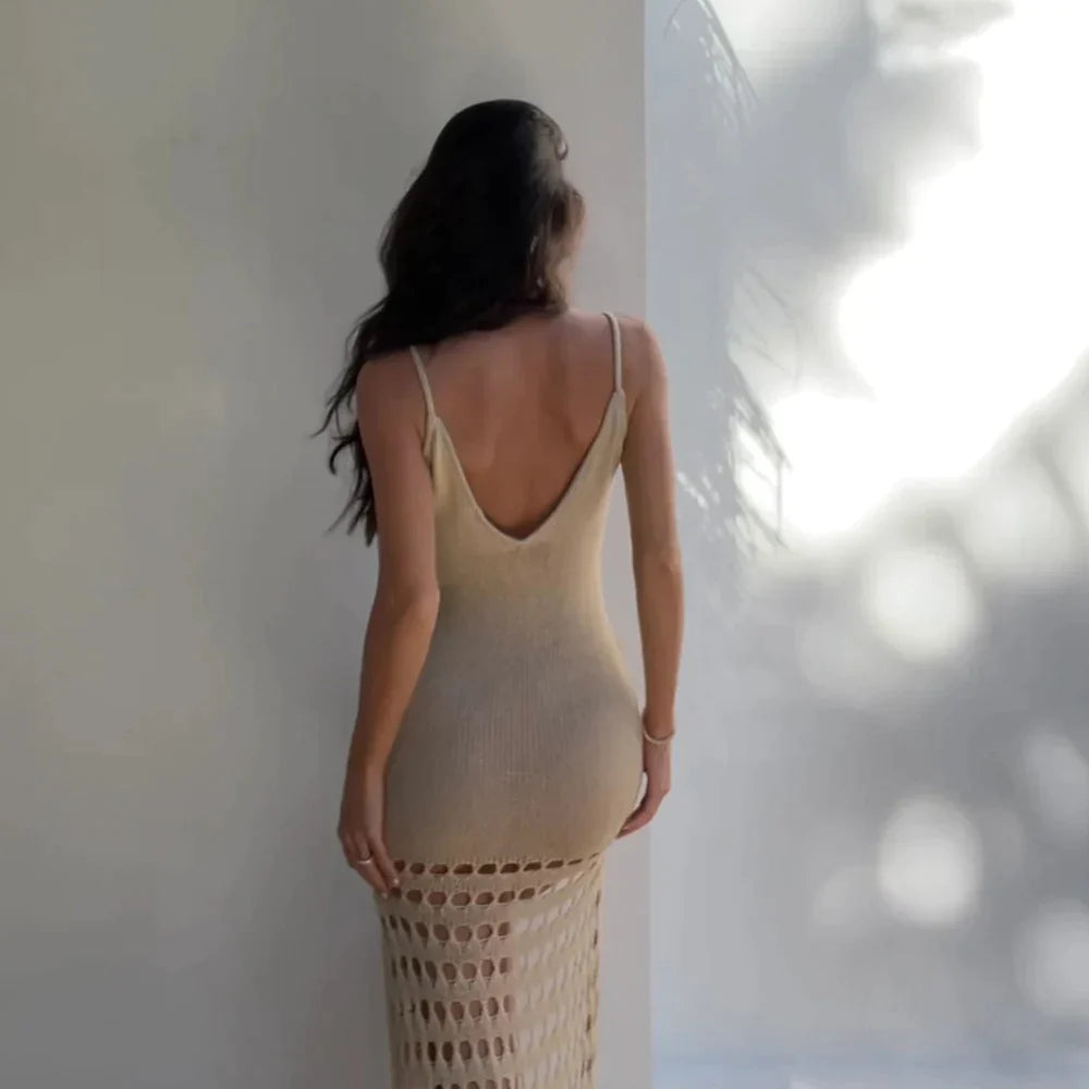 Canmol Knitted Cover Up Maxi Beach Dress Tassel Bodycon Halter Beachdress