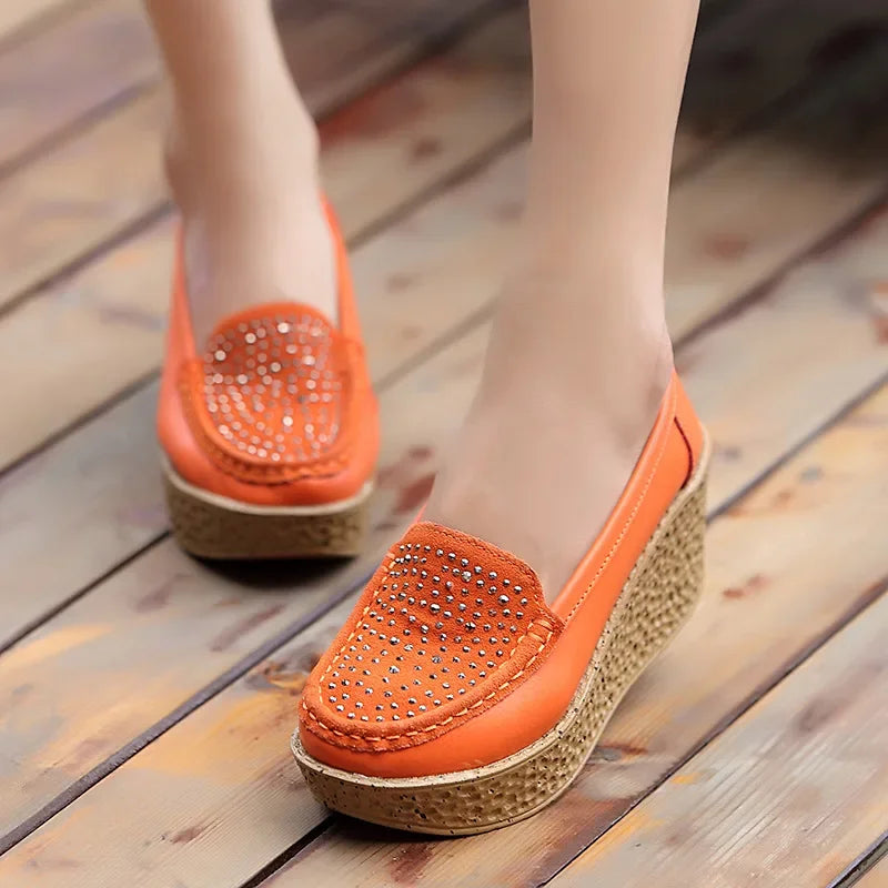 Canmol Genuine Leather Platform Wedge Moccasins Loafers for Women, Casual Slip-On Elevator Footwear