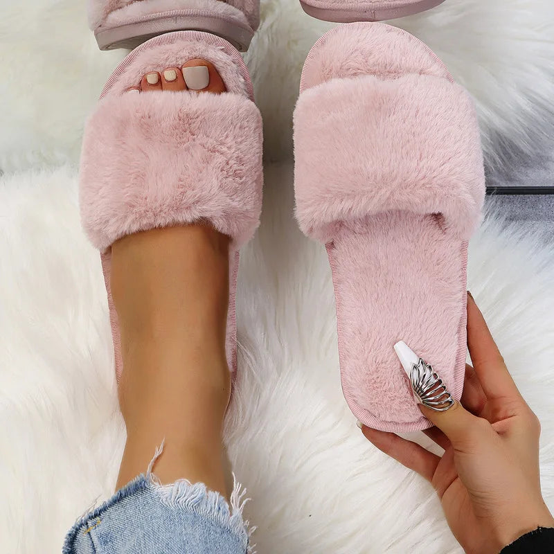 Canmol Cozy Furry Slippers: Warm Indoor Flats for Women - 2023 Fashion Soft Plush Flip Flops