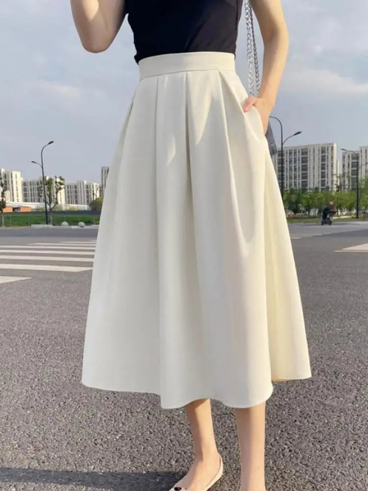 Canmol 2023 Spring Summer Women's Elegant A-line Midi Skirt with Pockets