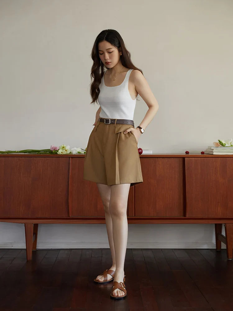Canmol Retro Coffee Color High Waist Suit Shorts for Women