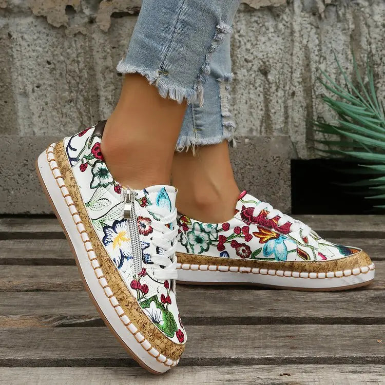 Canmol Floral Print Women's Vulcanized Sneakers - Stylish Lace-up Flat Shoes for Casual Wear