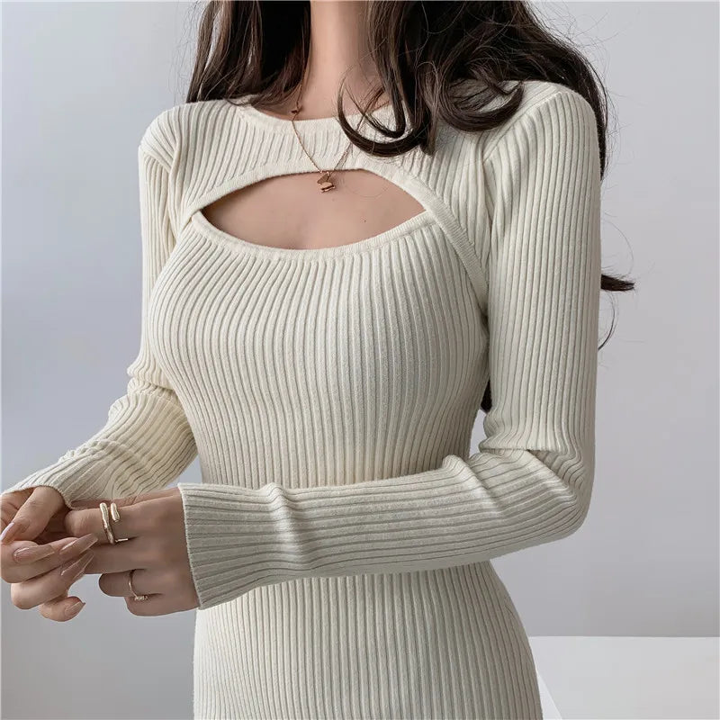 Canmol 2023 Black Midi Dress Autumn Hollow Out Bodycon Knitted Solid Long Sleeve Blabk Midi Dress