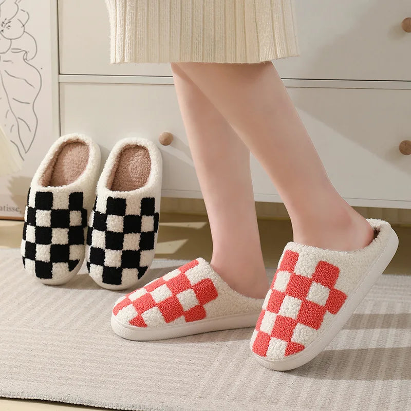 Canmol Winter Checkerboard Cotton Slippers - Cozy Couple Indoor Warm Plush Slides