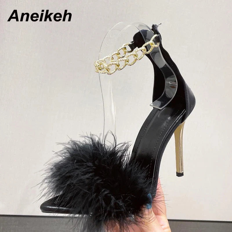 Canmol 2024 Sweet Stiletto Heels Sandals Metal Decor Fashion Trend Faux Fur Summer