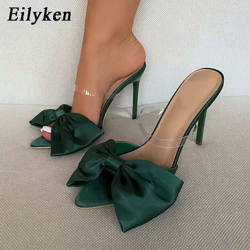 Canmol Silk Butterfly-knot High Heel Mule Sandals: Strappy Pointed Toe Party Shoes