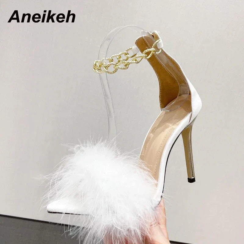 Canmol 2024 Sweet Stiletto Heels Sandals Metal Decor Fashion Trend Faux Fur Summer