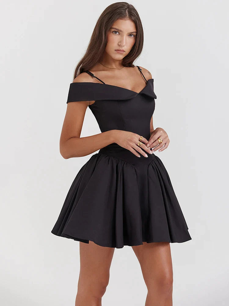 Canmol Pleated Mini Dress: Chic Off-Shoulder Spaghetti Strap LBD for Club Party