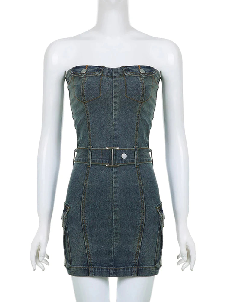 Canmol Strapless Denim Dress - Vintage Y2K Bodycon Streetwear 2023