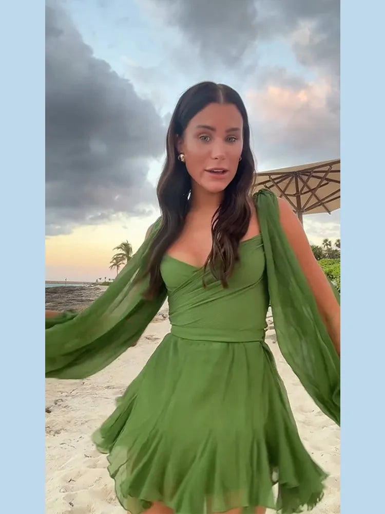 Canmol: Off-shoulder V-neck Mini Dress Women Long Sleeve Sheath Beach Vacation Dress