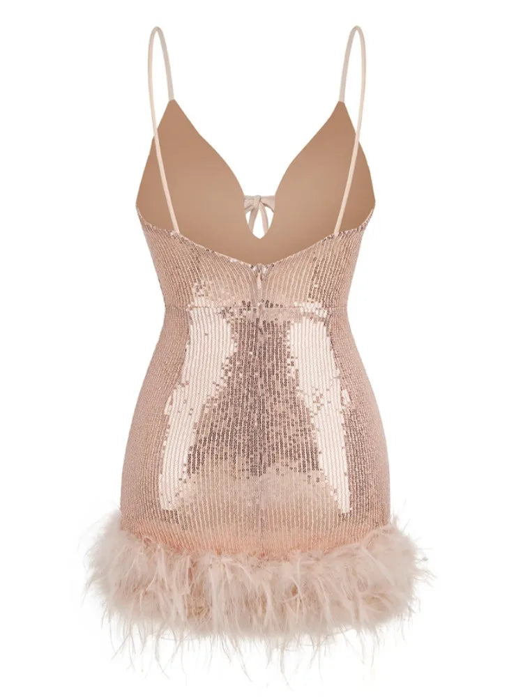 Canmol Sparkle Feather Evening Mini Dress - Summer 2023 Glam Bodycon Dress