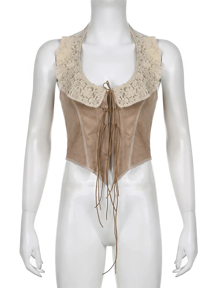 Canmol Lace Collar Suede Halter Tank Top Vintage Fairycore Backless Corset Grunge Women.