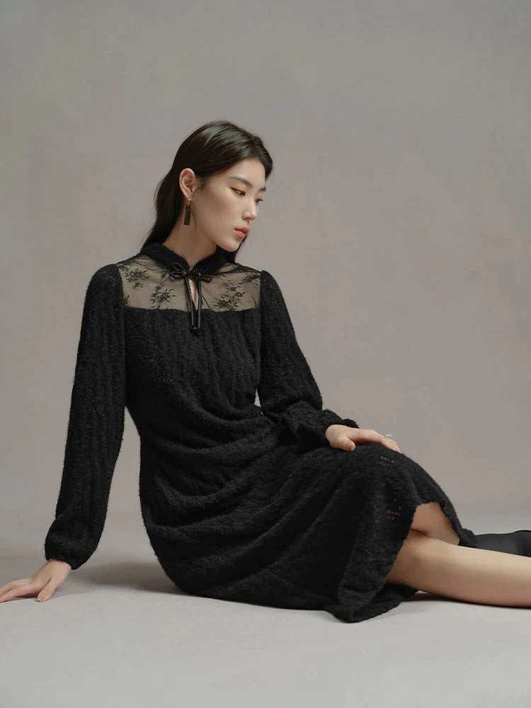 Canmol Lace-Trimmed Chinese Style Cheongsam Dress in Black - Elegant Mid-Length Winter Dress