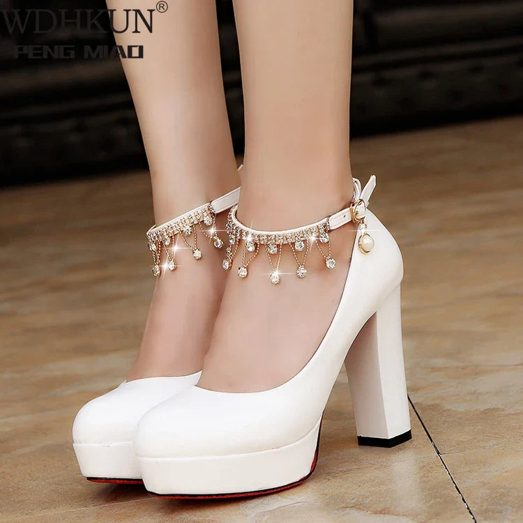 Canmol Crystal Ankle Strap Bridal Pumps White Wedding Shoes Platform Medium Heels