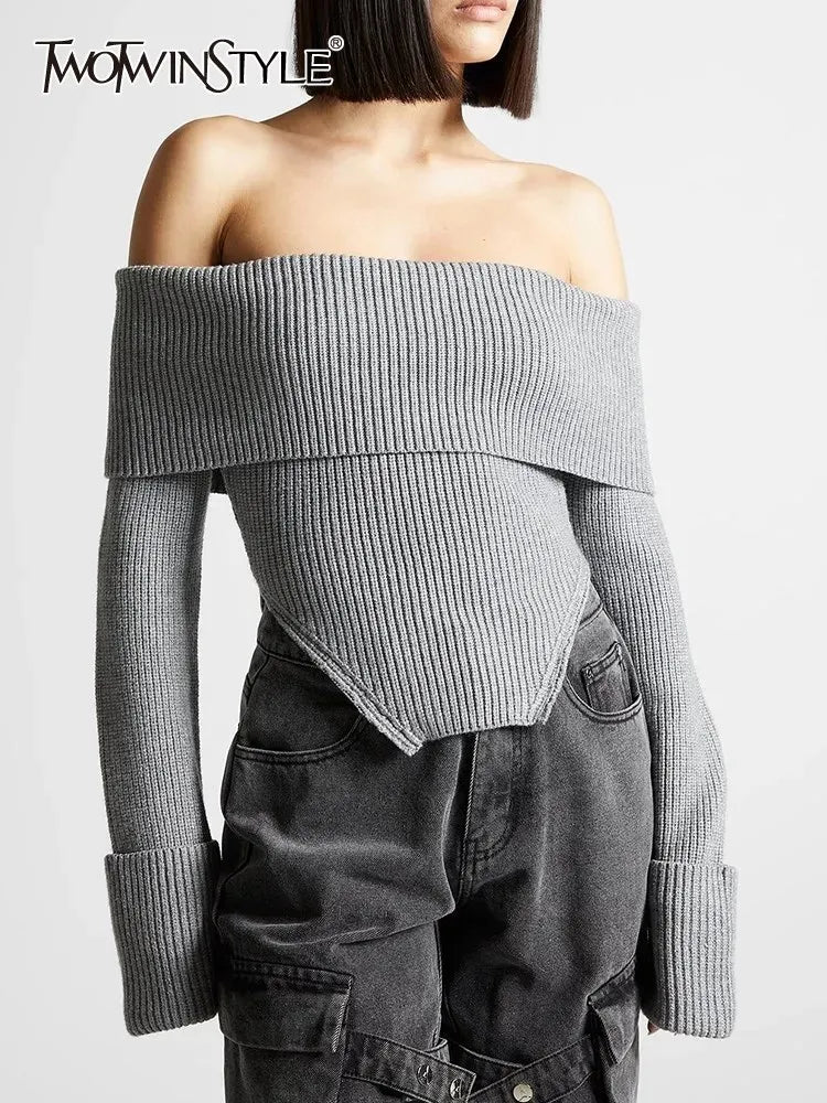 Canmol Slash Neck Irregular Sweater - Stylish Minimalist Tunic Sweater for Women