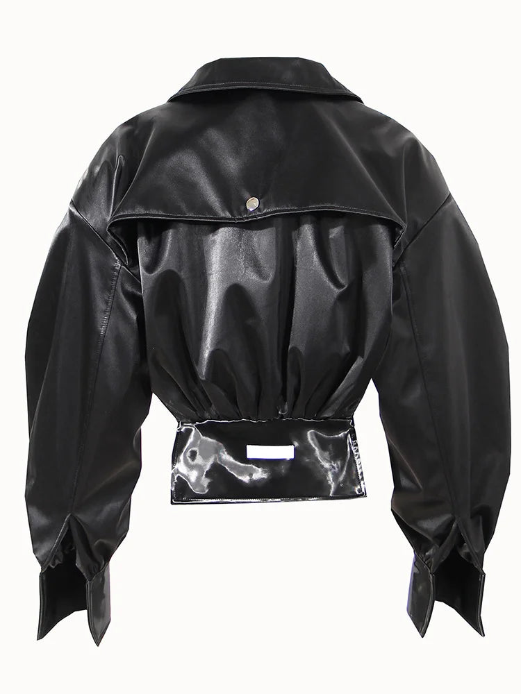 Canmol PU Leather Lapel Short Coat: Stylish Zipper Spliced Design, High Waist, Loose Fit (Autumn 2024)