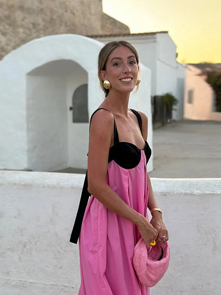 Canmol Pink Lace-Up Maxi Dress: Backless, Off-Shoulder, Spaghetti Straps. Perfect for Summer Beach Style.