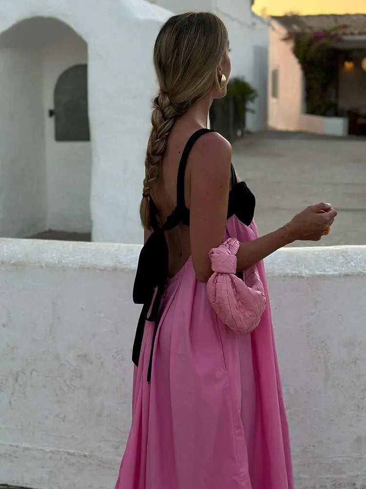 Canmol Pink Lace-Up Maxi Dress: Backless, Off-Shoulder, Spaghetti Straps. Perfect for Summer Beach Style.