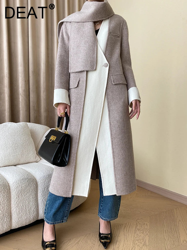 Canmol Woolen Coat with Scarf V-neck Single Button Mid-calf Overcoat