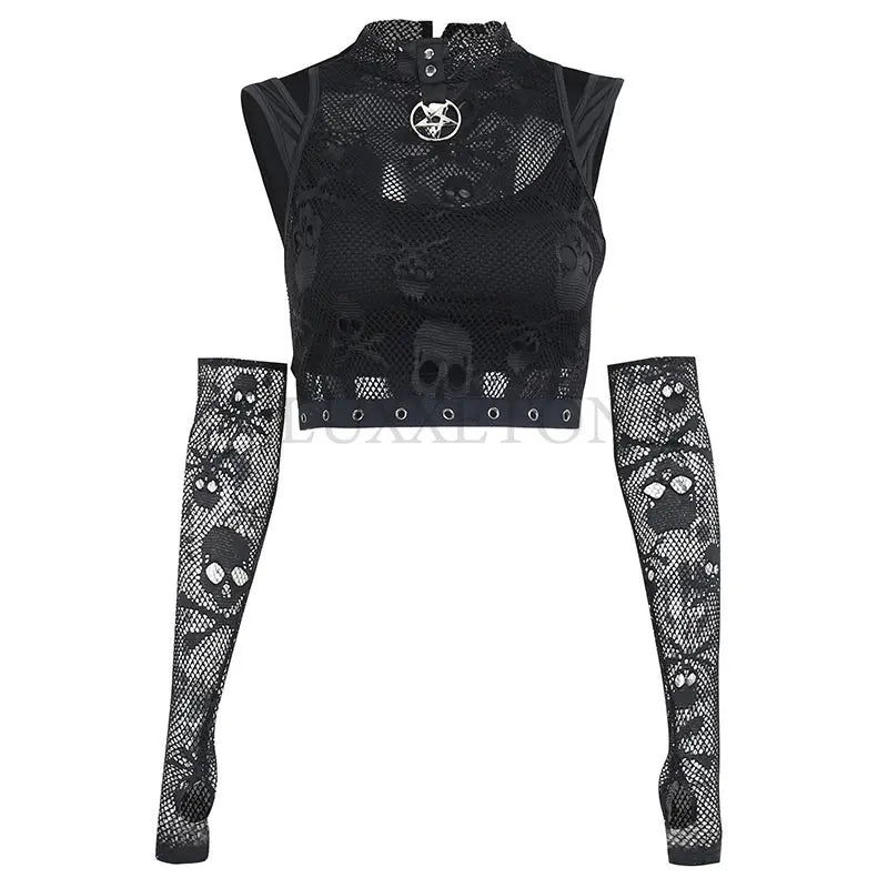 Canmol Goth Skull Fishnet Tank Top - Alternative Grunge Crop Vest