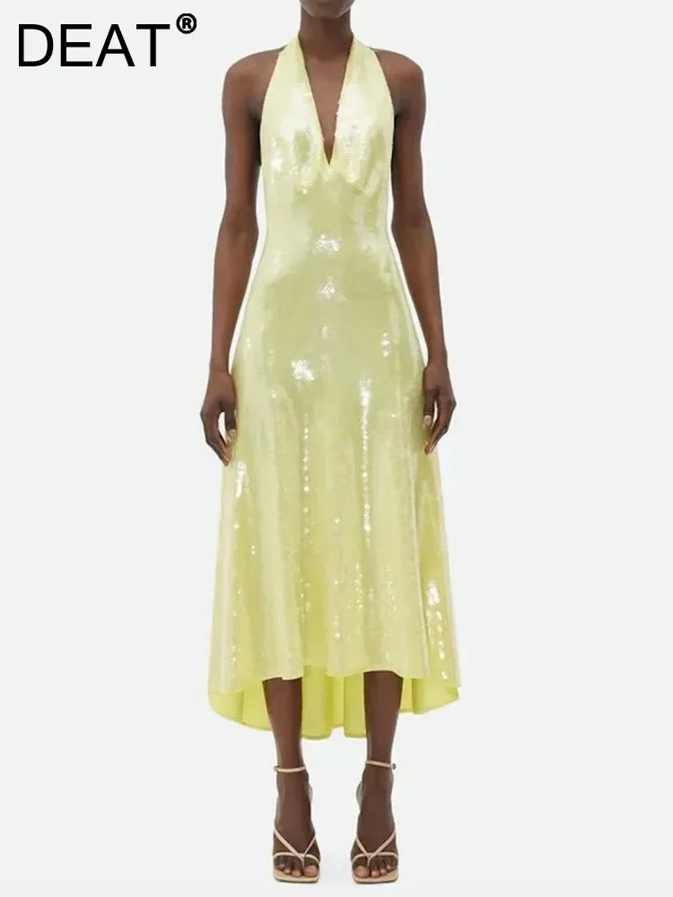 Canmol Lemon Yellow Sequin High Waist Halter Dress
