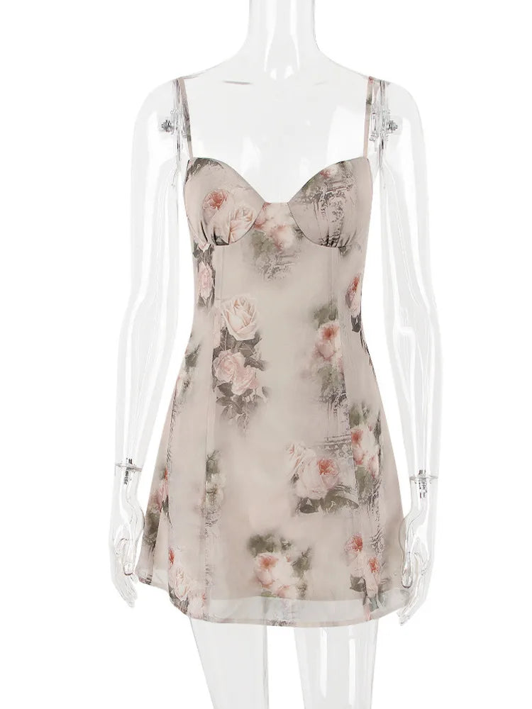 Canmol Floral Print Chiffon Mini Dress for Women - Summer Spaghetti Strap Backless Party Dress