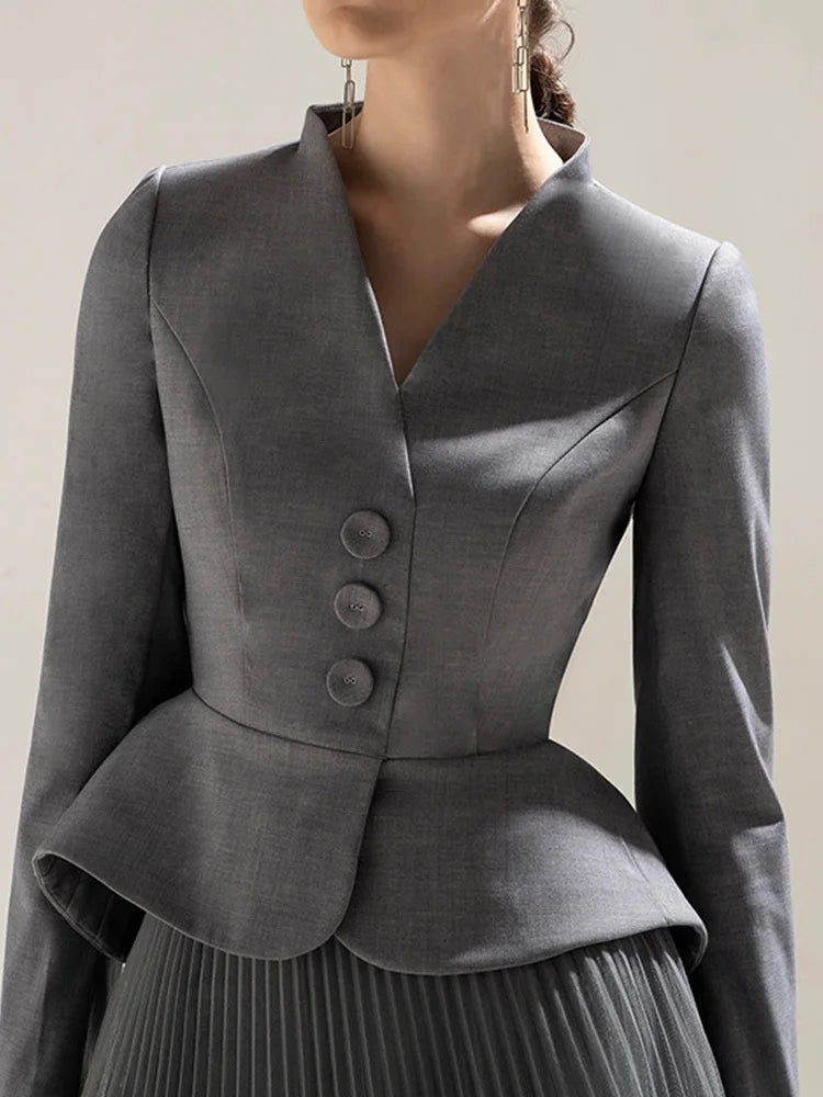 Canmol Women's Grey Blazer & High Waist Skirt Set 2024 Collection