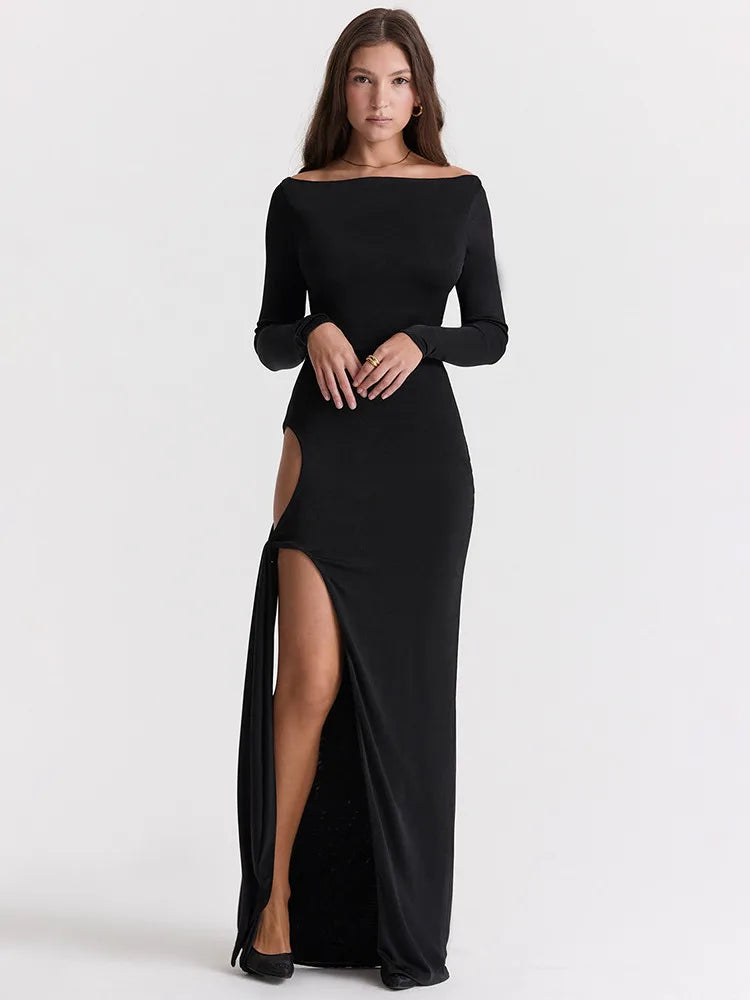 Canmol Hollow Out Off-Shoulder Maxi Dress: Black Slash Neck, Full Sleeve, Bodycon Night Club Party Dress