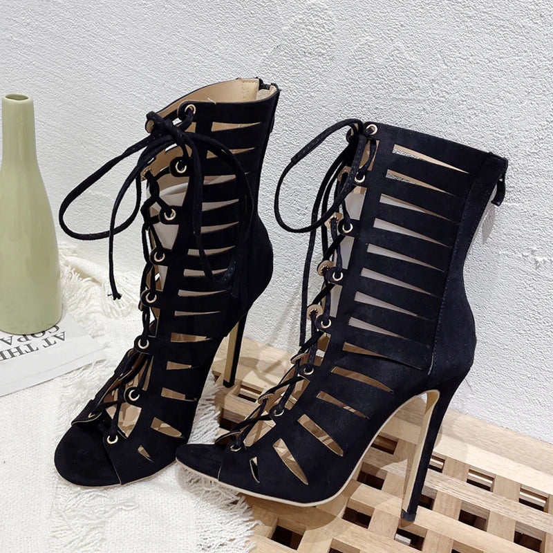 Canmol Black Cross-tied Sandals High Heel Pumps Peep Toe Lace-up Hollow Out Boots