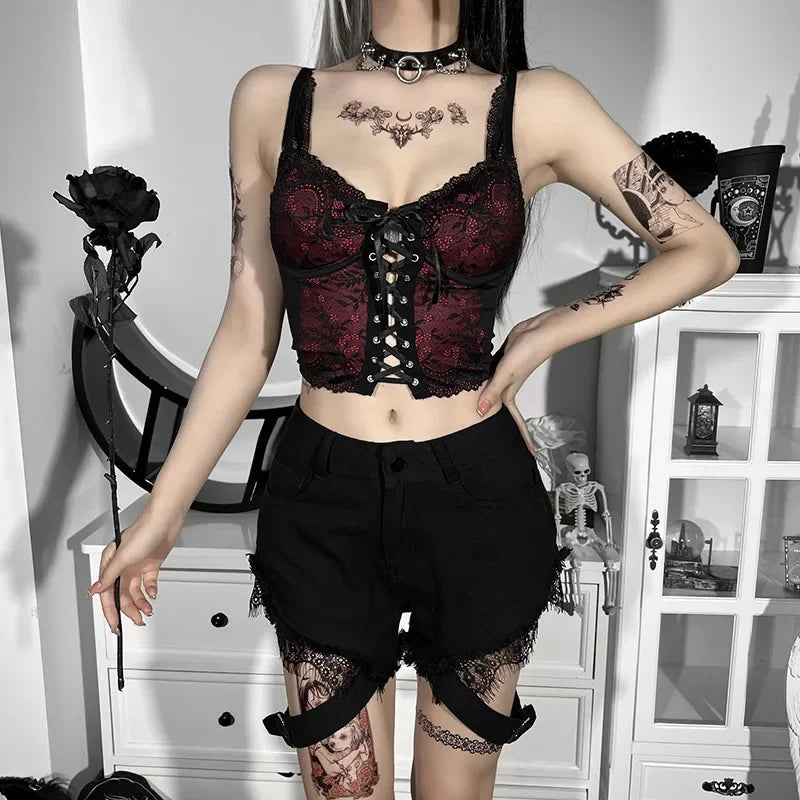 Canmol Lace Bandage Camis: Gothic Black Spaghetti Strap Crop Tank for E-Girls