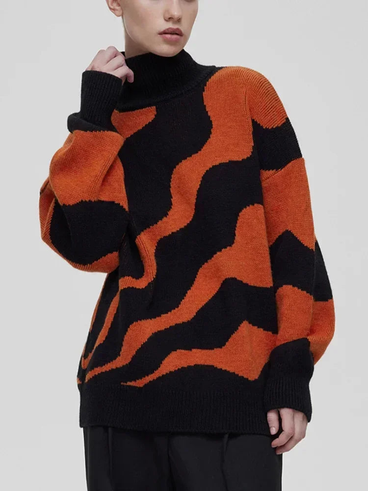 Canmol Striped Turtleneck Oversized Pullover Sweater