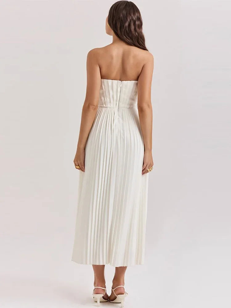 Canmol Elegant Strapless Midi Dress - Sleeveless Pleated Women's Dress for Banquet & Clubwear