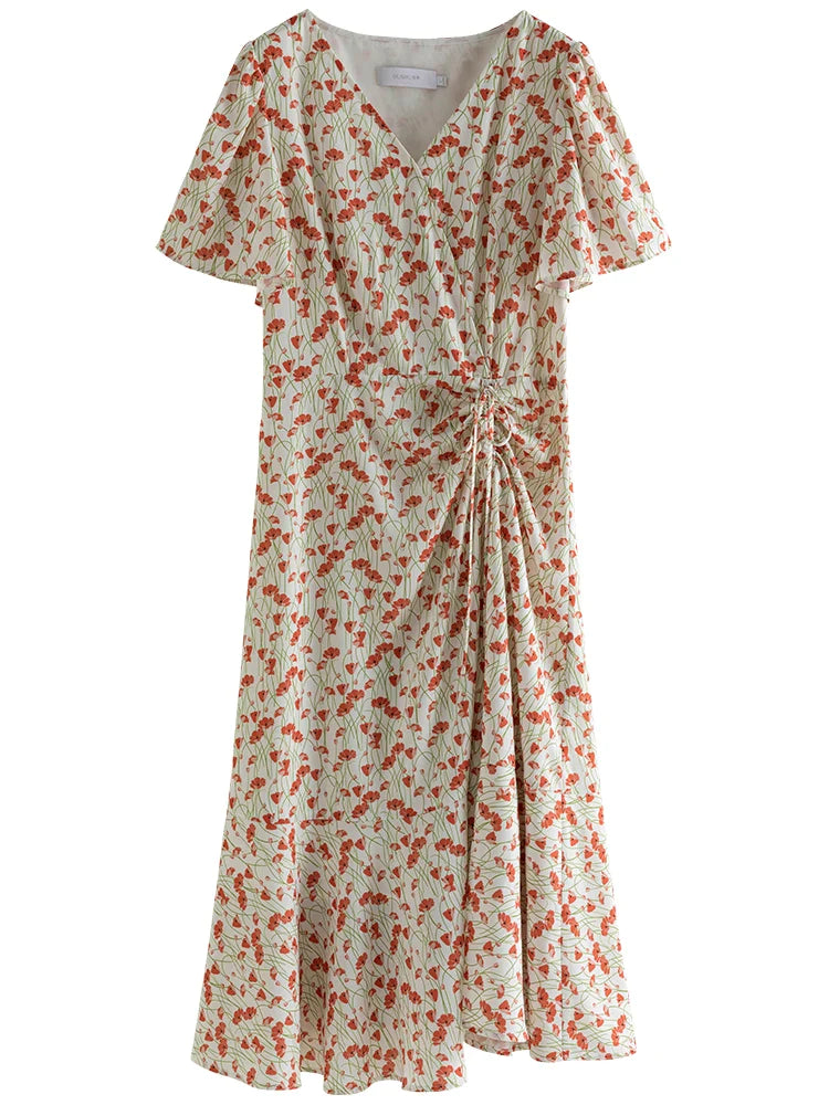 Canmol Floral Print V-neck Midi Dress for Women: Elegant Summer Style with Flying Sleeves