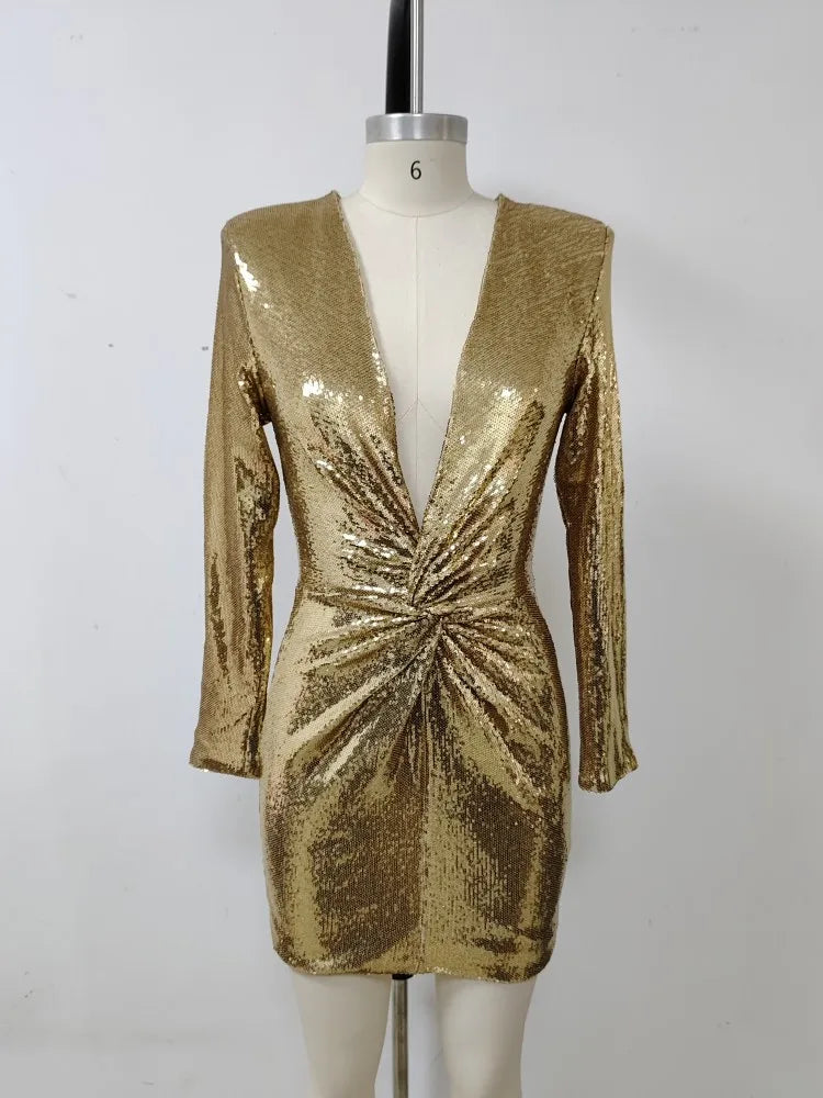 Canmol Glitter Gold Deep V Neck Mini Bodycon Dress 2024 Sexy Stage Performance Costume