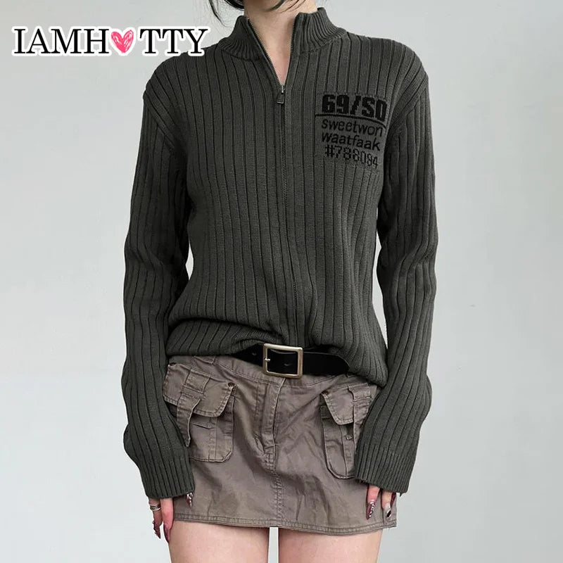 Canmol Vintage Stand Collar Zipper Sweater Cardigan Brown Slim-fit Knit Top Grunge Coat
