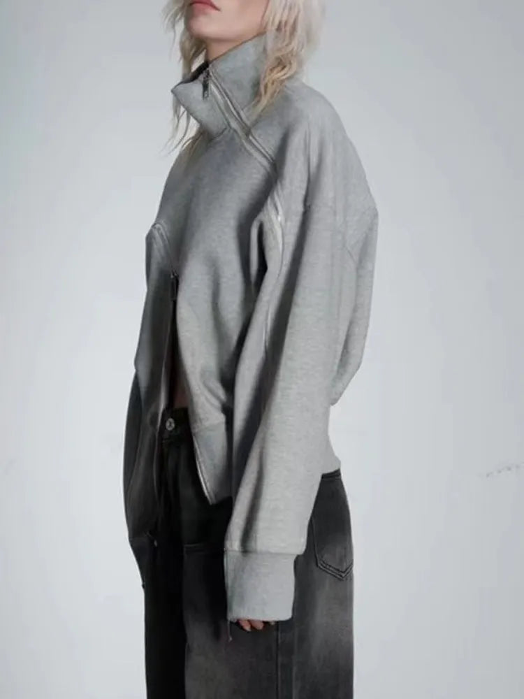 Canmol Turtleneck Zip Sweatshirt Minimalist Streetwear Casual Women's Top