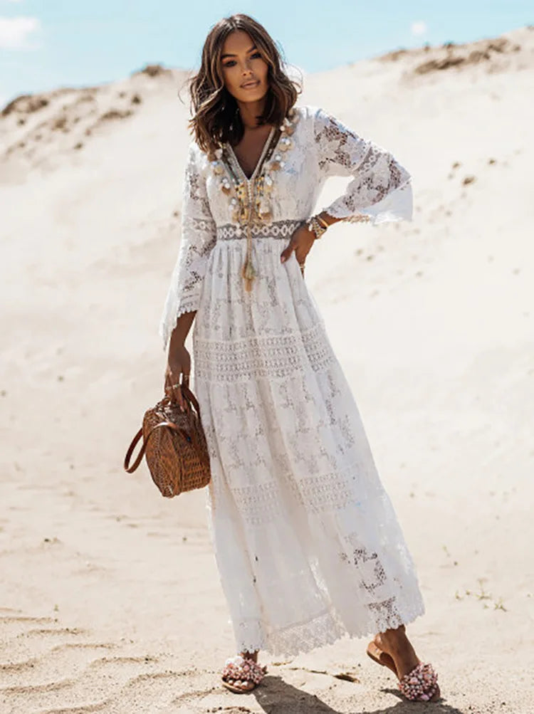 Canmol Lace Beach Dress Flare Sleeve Boho Maxi with Tassel for Romantic Vacation