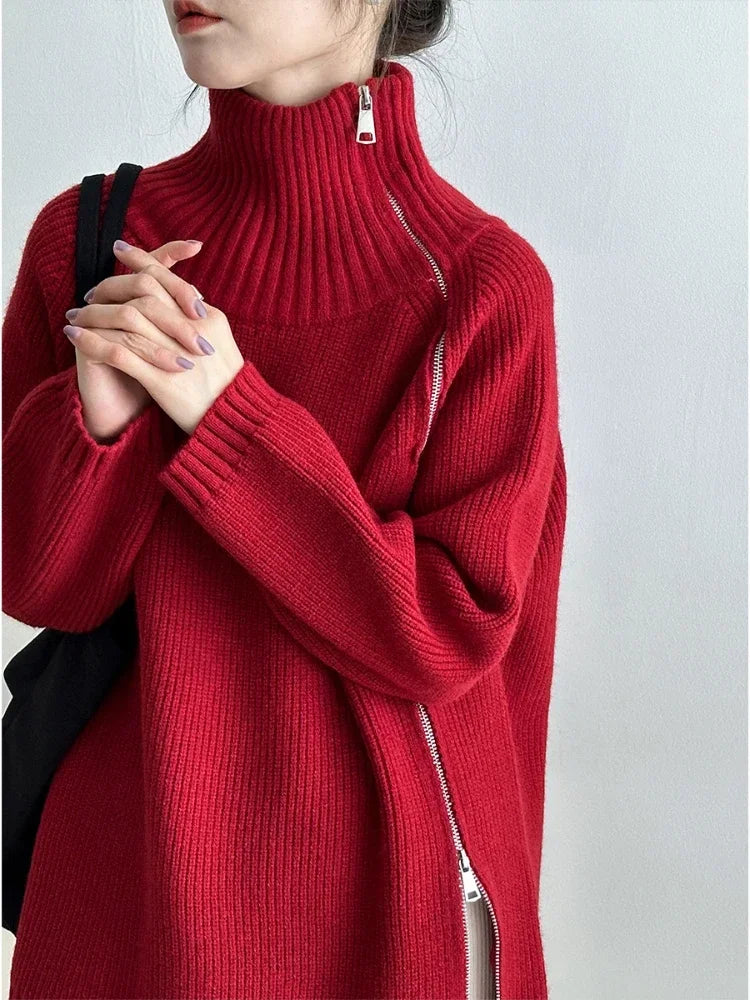 Canmol Oversize Turtleneck Zipper Sweater 2024 Autum