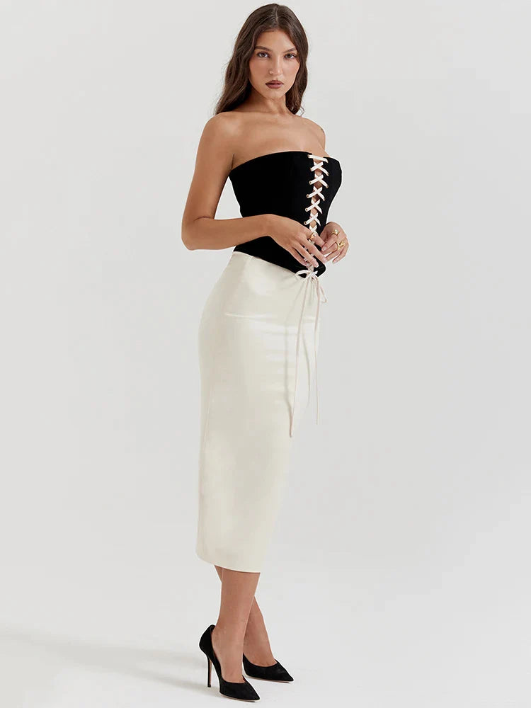 Canmol Bandage Crop Top and Maxi Skirt Set - Elegant Fashion Club Party Outfit