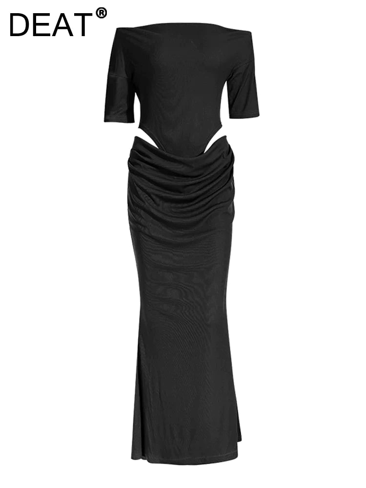 Canmol Elegant Black Hollow Out Waist Dress for Women 2024 Summer Fashion