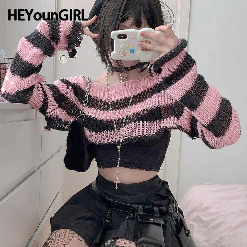 Canmol Y2K Striped Girl Crop Sweater: Hotsweet Japanese Style Kawaii Knit Tops