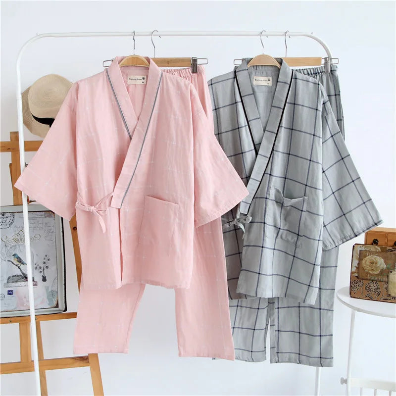 Canmol Cotton Gauze Pajama Sets with V-neck Kimono Style - Summer Sleepwear for Couples