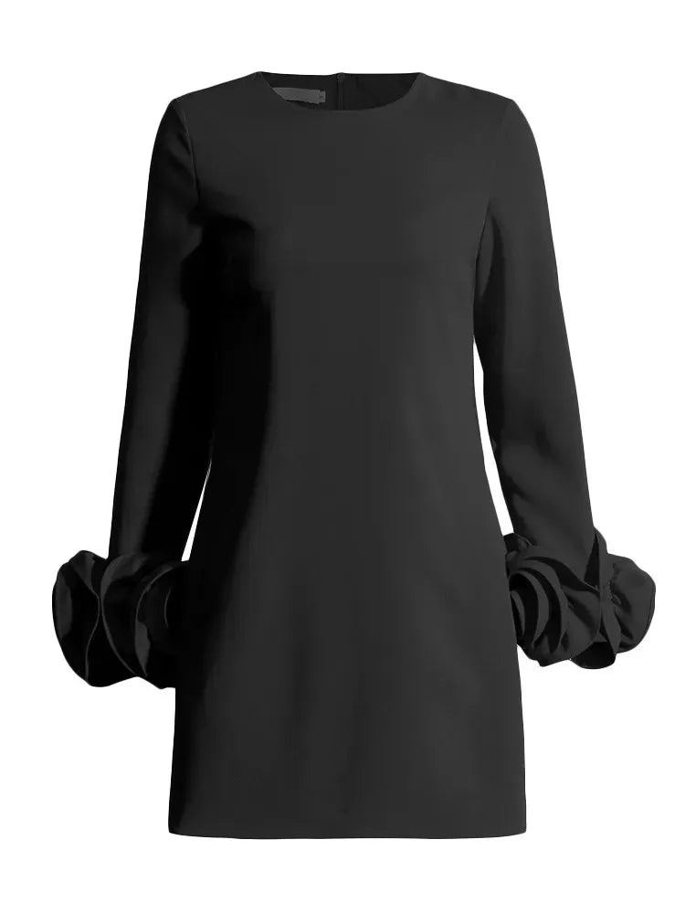 Canmol Elegant Patchwork Appliques Dress - Round Neck Long Sleeve Minimalist Design