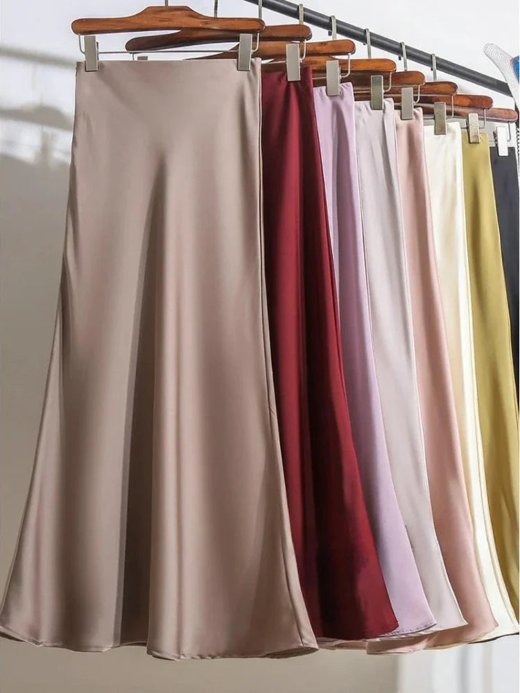 Canmol Satin A-Line Skirt - Elegant Office Lady Skirt in Champagne Purple Red Silk