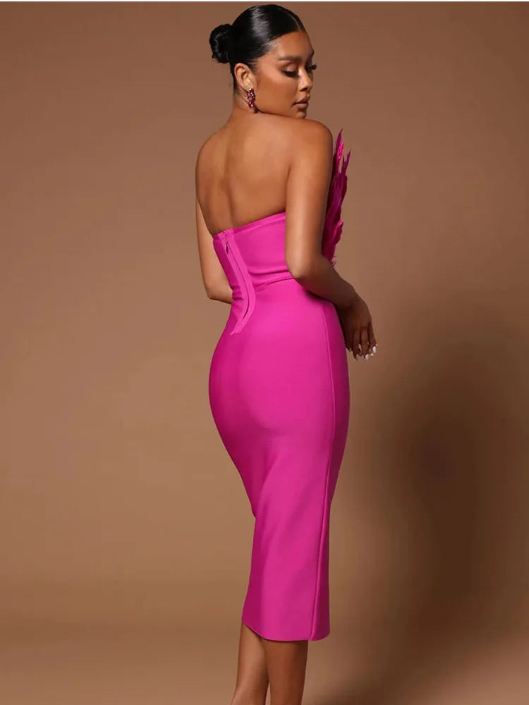 Canmol Strapless Feathers Bodycon Bandage Dress - Brown Hot Pink - Elegant Midi Club Party Attire.