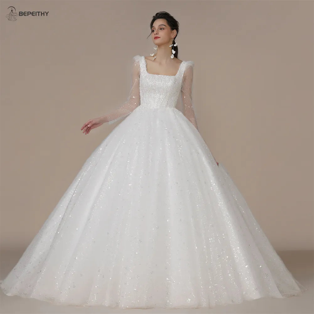Canmol Shine Ivory Square Neck Ball Gown with Glitter for Wedding 2023