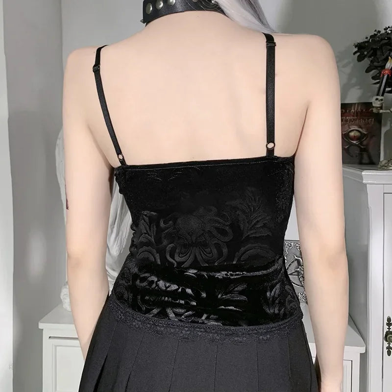 Canmol Lace Trim Black Crop Tops - Y2K Mall Goth Aesthetic, Backless & Sexy Tank