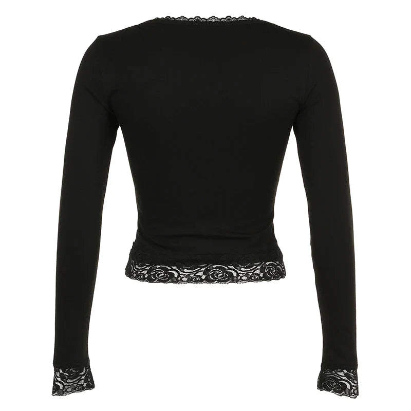 Canmol Lace Square Collar Crop Top Retro Vintage Black Long Sleeve Tee Shirt