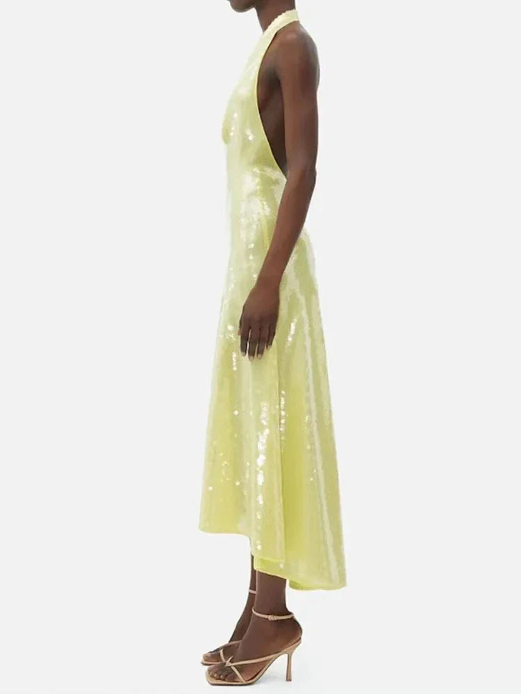 Canmol Lemon Yellow Sequin High Waist Halter Dress